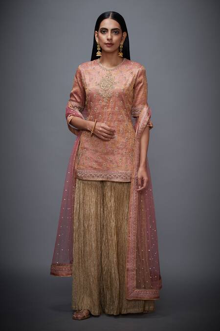 Shop RI.Ritu Kumar Pink Silk Zari Brocade Round Embroidered Kurta And Gharara Set Online at Aza Fashions Shop_RI.Ritu Kumar_Pink Silk Zari Brocade Round Embroidered Kurta And Gharara Set_Online_at_Aza_Fashions