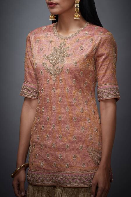 RI.Ritu Kumar Pink Silk Zari Brocade Round Embroidered Kurta And Gharara Set at Aza Fashions RI.Ritu Kumar_Pink Silk Zari Brocade Round Embroidered Kurta And Gharara Set_at_Aza_Fashions