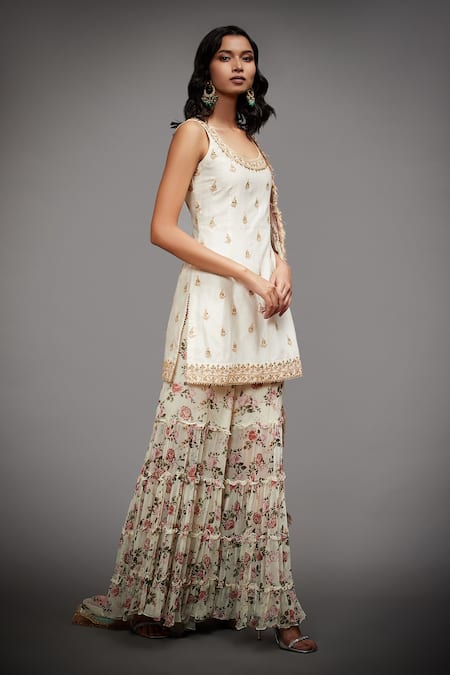 RI.Ritu Kumar_White Kurta Silk Lining, Pant And Dupatta Viscose U Neck Gharara Set _Online_at_Aza_Fashions