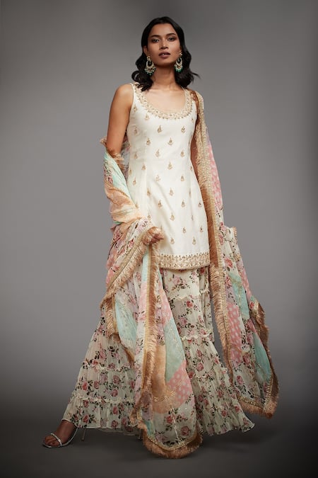 Buy_RI.Ritu Kumar_White Kurta Silk Lining, Pant And Dupatta Viscose U Neck Gharara Set _Online_at_Aza_Fashions