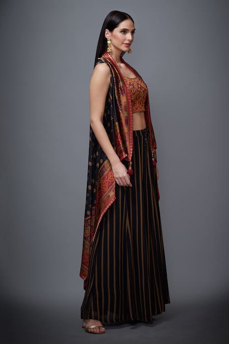 RI.Ritu Kumar Black Blouse Silk Cape And Pant Viscose U Neck Asymmetric Jacket & Palazzo Set Online at Aza Fashions RI.Ritu Kumar_Black Blouse Silk Cape And Pant Viscose U Neck Asymmetric Jacket & Palazzo Set_Online_at_Aza_Fashions