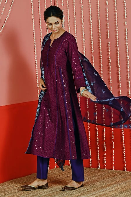 Buy Myaara Purple Cotton, Organza Embroidery, Sequins Collared Kurta Set Online at Aza Fashions Buy_Myaara_Purple Cotton, Organza Embroidery, Sequins Collared Kurta Set _Online_at_Aza_Fashions
