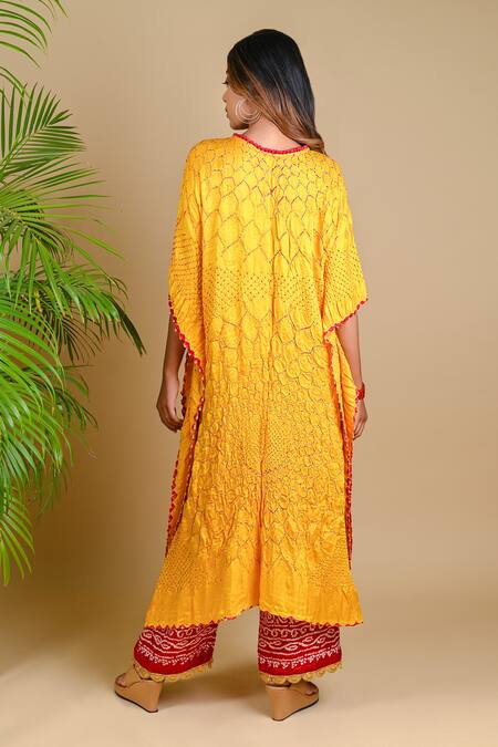 Shop_Dyelogue_Yellow Gajji Silk Bandhani Tunic _at_Aza_Fashions
