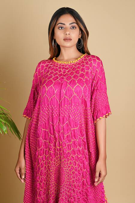 Shop Dyelogue Pink Gajji Silk Bandhani Dress Online at Aza Fashions Shop_Dyelogue_Pink Gajji Silk Bandhani Dress _Online_at_Aza_Fashions