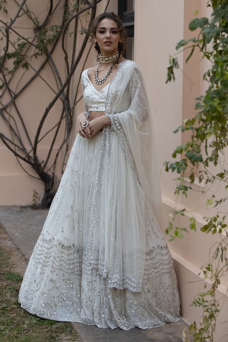 Astha Narang White Main Material Netlining Semi Crepe V Neck Embroidered Lehenga Set 