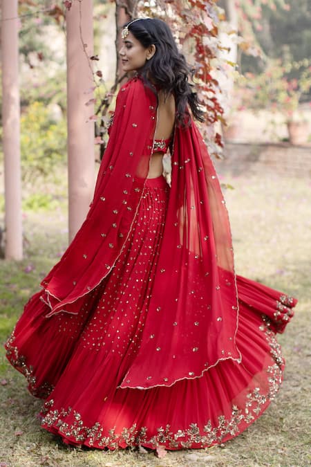 Shop Astha Narang Red Net, Main Material Georgettelining Semi Embellished Lehenga Set at Aza Fashions Shop_Astha Narang_Red Net, Main Material Georgettelining Semi Embellished Lehenga Set _at_Aza_Fashions