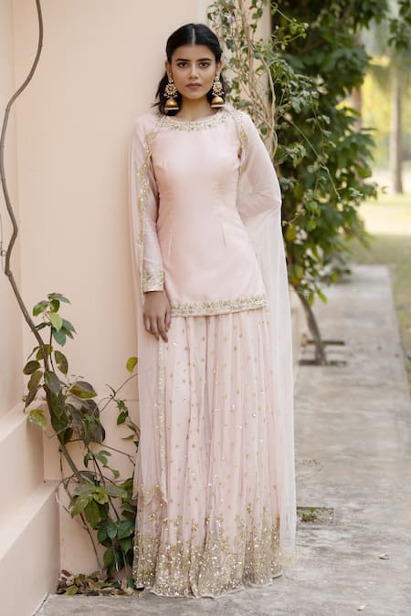 Shop Astha Narang Pink Main Material Kurta Silk Pant And Dupatta Embroidered Gharara Set at Aza Fashions Shop_Astha Narang_Pink Main Material Kurta Silk Pant And Dupatta Embroidered Gharara Set _at_Aza_Fashions