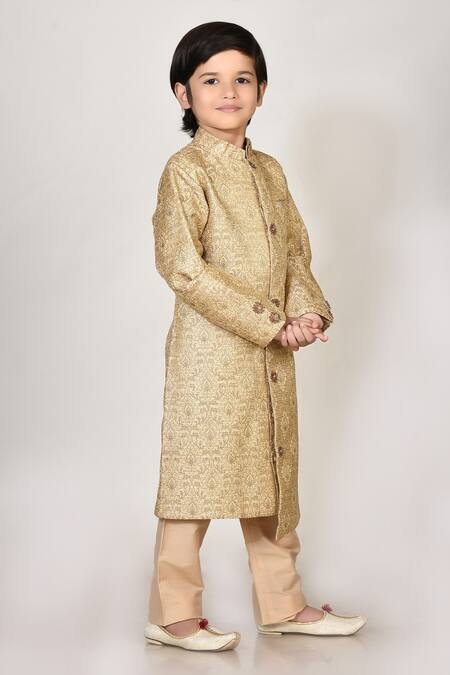 Petite Pomme_Beige Cotton, Silk, Jacquard Embroidery Sherwani And Pant Set _Online_at_Aza_Fashions