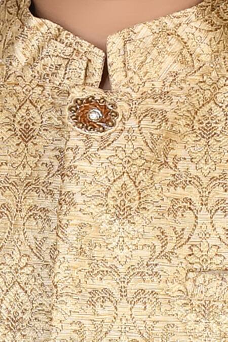 Petite Pomme_Beige Cotton, Silk, Jacquard Embroidery Sherwani And Pant Set _at_Aza_Fashions