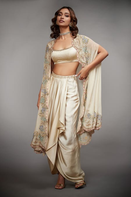 Buy_RI.Ritu Kumar_White Cape Silk Lining, Dhoti And Crop Top Viscose U Neck & Skirt Set _Online_at_Aza_Fashions