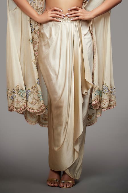 RI.Ritu Kumar_White Cape Silk Lining, Dhoti And Crop Top Viscose U Neck & Skirt Set _at_Aza_Fashions