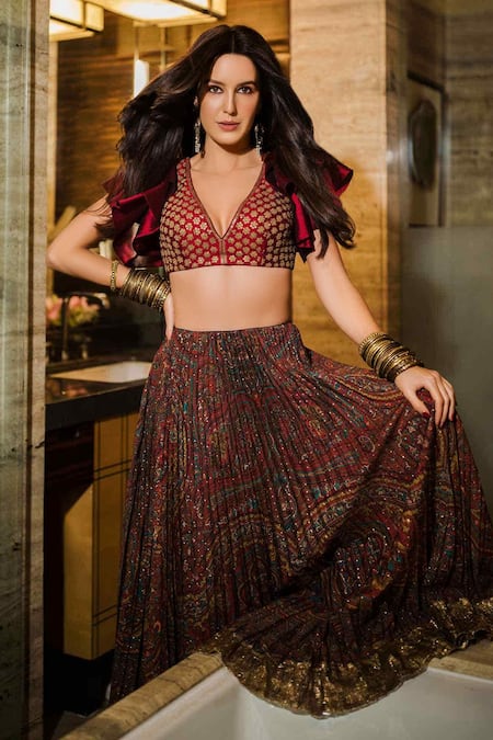Buy Red Satin Silk Embroidery Round Crop Top And Lehenga Set For Women by  PUNIT BALANA Online at Aza Fashions.