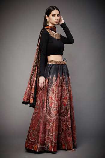RI.Ritu Kumar Black Lehenga Polyester Lining Viscose Blouse 95% Lycra 5% Printed Set Online at Aza Fashions RI.Ritu Kumar_Black Lehenga Polyester Lining Viscose Blouse 95% Lycra 5% Printed Set _Online_at_Aza_Fashions