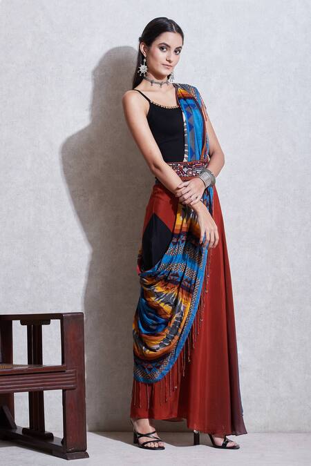 Ritu Kumar_Multi Color Rayon U Neck Skirt With Top And Drape Set_Online_at_Aza_Fashions