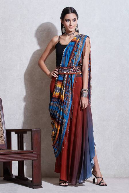 Shop_Ritu Kumar_Multi Color Rayon U Neck Skirt With Top And Drape Set_Online_at_Aza_Fashions