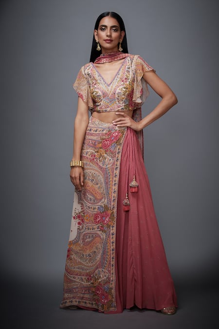 Shop RI.Ritu Kumar Pink Viscose Georgette V Neck Printed Lehenga Set Online at Aza Fashions Shop_RI.Ritu Kumar_Pink Viscose Georgette V Neck Printed Lehenga Set _Online_at_Aza_Fashions