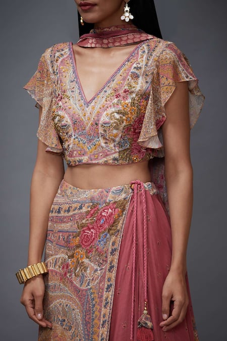 RI.Ritu Kumar Pink Viscose Georgette V Neck Printed Lehenga Set at Aza Fashions RI.Ritu Kumar_Pink Viscose Georgette V Neck Printed Lehenga Set _at_Aza_Fashions