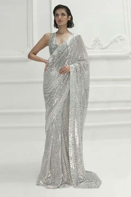 Manish Malhotra White Georgette Sequin Embroidered Saree With Blouse