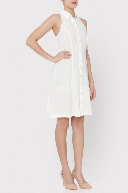 Three Piece Company_Off White Organza, Viscose Shirt Collar Plain Dress_Online_at_Aza_Fashions