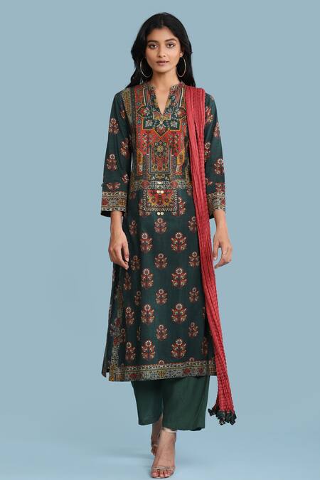 Aarke Ritu Kumar Green Rayon Slub Printed Floral Notched Kurta Set 