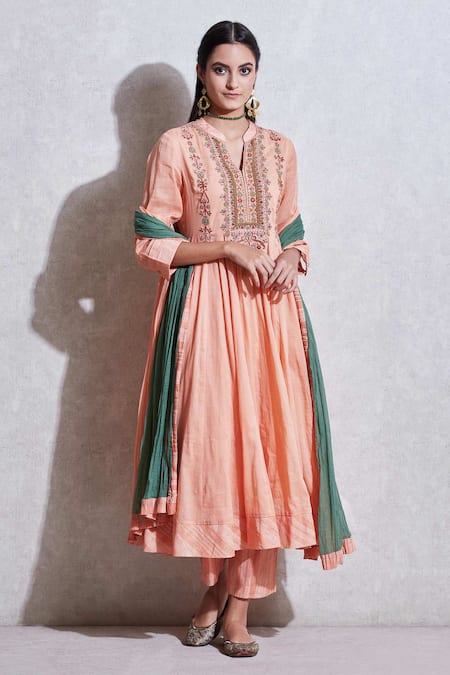 Ritu Kumar Peach Cotton Band Collar Embroidered Anarkali Set 