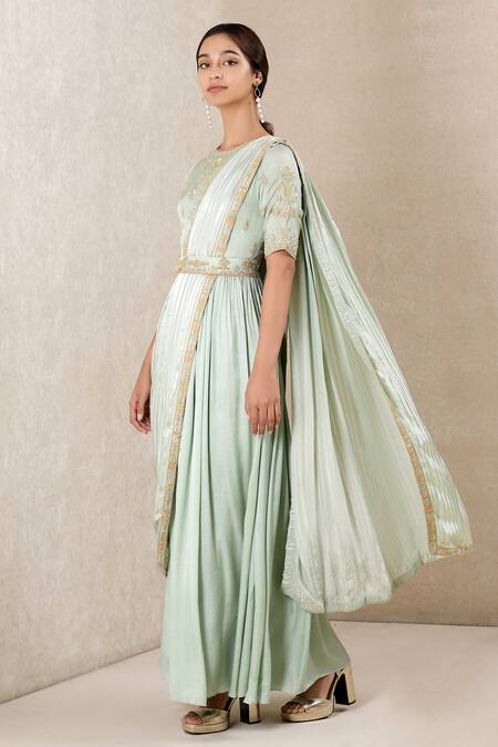 Buy_Ritu Kumar_Green Dupatta Stripe, Kurta Embroidered With_Online_at_Aza_Fashions