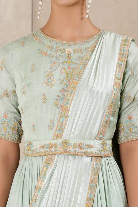 Shop_Ritu Kumar_Green Dupatta Stripe, Kurta Embroidered With_Online_at_Aza_Fashions