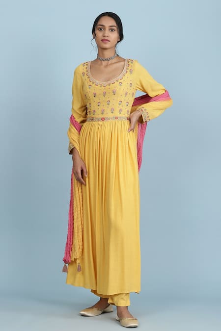 Aarke Ritu Kumar Yellow Rayon Slub Embroidered Floral Scoop Neck Anarkali Set 