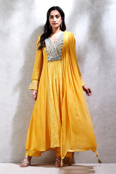 Ritu Kumar Yellow Viscose V Neck Jacquard Anarkali Set 