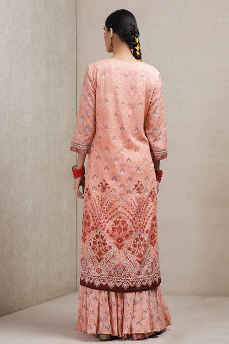 Shop_Ritu Kumar_Peach Cotton, Georgette, Viscose V Neck Floral Print Kurta Sharara Set_at_Aza_Fashions