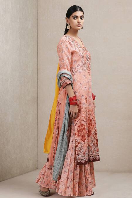 Ritu Kumar_Peach Cotton, Georgette, Viscose V Neck Floral Print Kurta Sharara Set_Online_at_Aza_Fashions