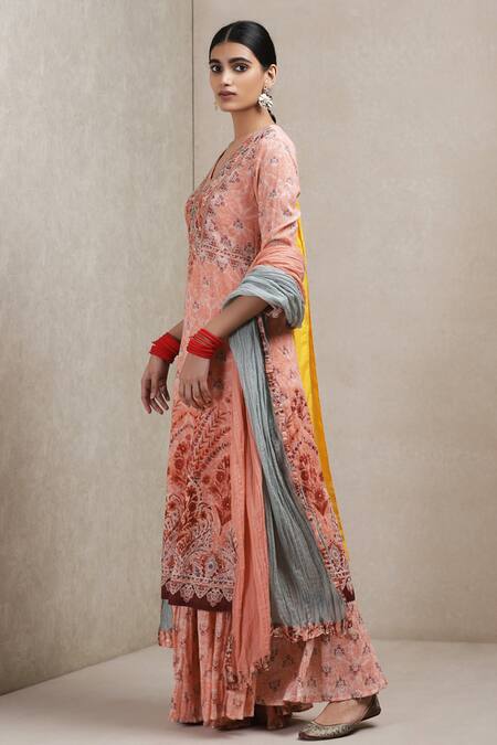 Buy_Ritu Kumar_Peach Cotton, Georgette, Viscose V Neck Floral Print Kurta Sharara Set_Online_at_Aza_Fashions