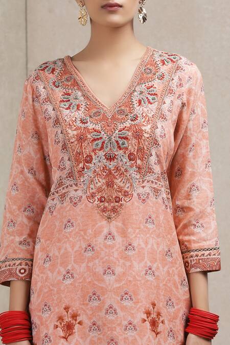 Shop_Ritu Kumar_Peach Cotton, Georgette, Viscose V Neck Floral Print Kurta Sharara Set_Online_at_Aza_Fashions