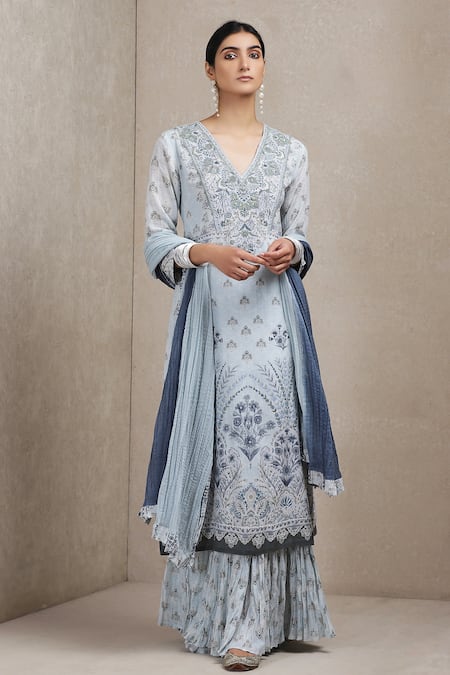 Ritu Kumar Blue Viscose V Neck Floral Print Kurta Sharara Set 