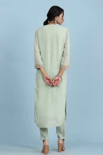 Shop Ritu Kumar, Ri.Ritu Kumar, aarke Ritu Kumar Green Cotton Viscose Georgette, Modal Crepe, Rayon Slub Embroidered Kurta Set at Aza Fashions Shop_Ritu Kumar, Ri.Ritu Kumar, aarke Ritu Kumar_Green Cotton Viscose Georgette, Modal Crepe, Rayon Slub Embroidered Kurta Set_at_Aza_Fashions