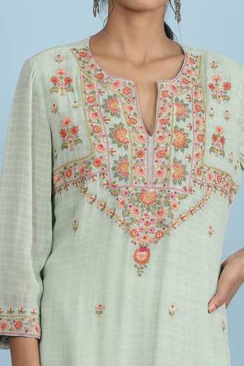 Shop Ritu Kumar, Ri.Ritu Kumar, aarke Ritu Kumar Green Cotton Viscose Georgette, Modal Crepe, Rayon Slub Embroidered Kurta Set Online at Aza Fashions Shop_Ritu Kumar, Ri.Ritu Kumar, aarke Ritu Kumar_Green Cotton Viscose Georgette, Modal Crepe, Rayon Slub Embroidered Kurta Set_Online_at_Aza_Fashions