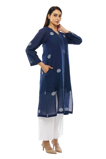 Buy_Khat_Blue Handloom Cotton Tassels, Lace V-neck Polka Dot Pattern Dress Pant Set _Online_at_Aza_Fashions