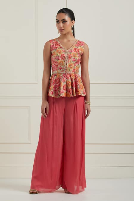 Label Nitisha_Pink Chanderi, Silk, Chiffon Embroidery Floral Print Peplum Jacket And Palazzo Set _Online_at_Aza_Fashions