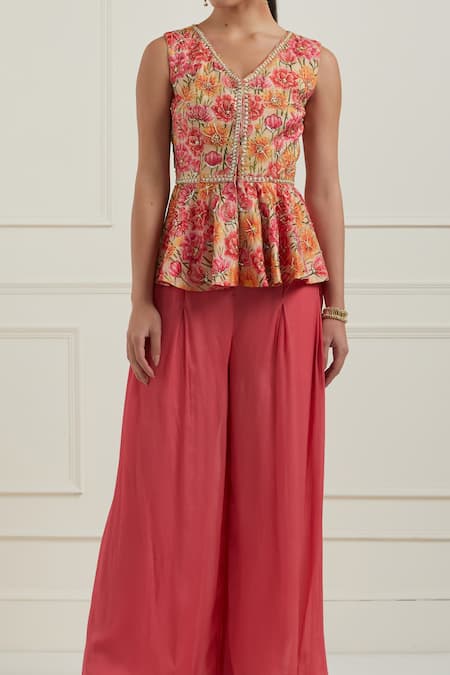 Shop_Label Nitisha_Pink Chanderi, Silk, Chiffon Embroidery Floral Print Peplum Jacket And Palazzo Set _Online_at_Aza_Fashions