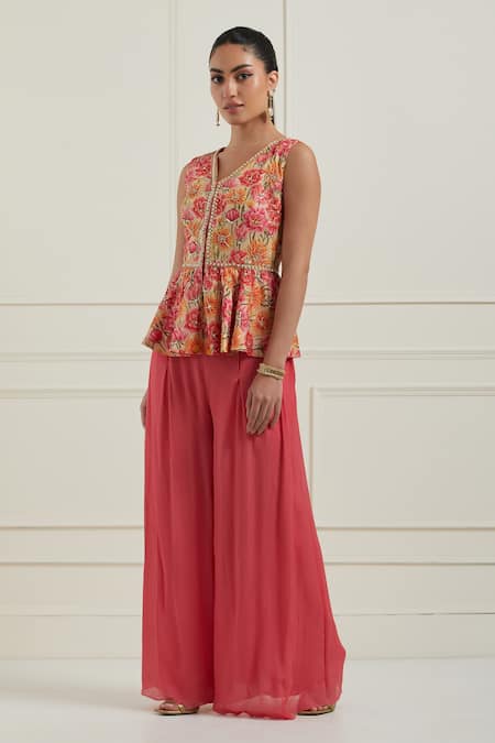 Buy_Label Nitisha_Pink Chanderi, Silk, Chiffon Embroidery Floral Print Peplum Jacket And Palazzo Set _Online_at_Aza_Fashions
