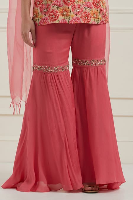 Label Nitisha_Pink Chanderi, Silk, Chiffon, Organza Floral Print Short Kurta Gharara Set _at_Aza_Fashions