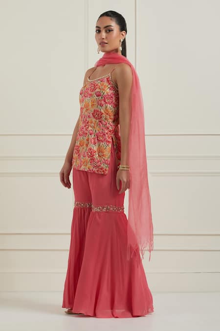 Label Nitisha_Pink Chanderi, Silk, Chiffon, Organza Floral Print Short Kurta Gharara Set _Online_at_Aza_Fashions
