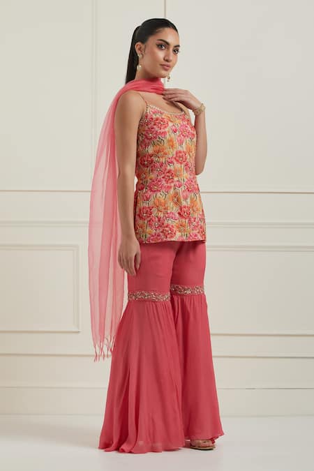Buy_Label Nitisha_Pink Chanderi, Silk, Chiffon, Organza Floral Print Short Kurta Gharara Set _Online_at_Aza_Fashions