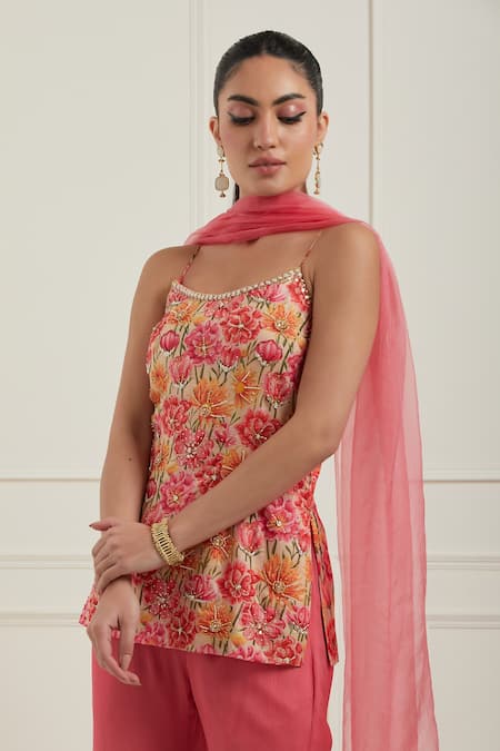 Shop_Label Nitisha_Pink Chanderi, Silk, Chiffon, Organza Floral Print Short Kurta Gharara Set _Online_at_Aza_Fashions
