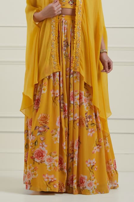 Label Nitisha_Yellow Georgette, Silk Sequins, Pearls Floral Print Lehenga Set With Cape _at_Aza_Fashions