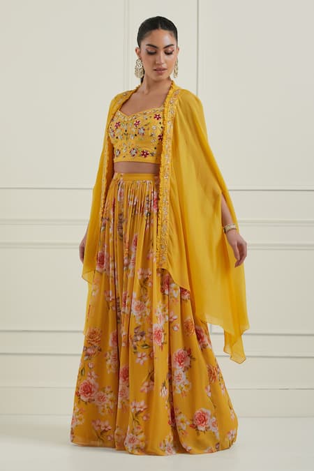 Label Nitisha_Yellow Georgette, Silk Sequins, Pearls Floral Print Lehenga Set With Cape _Online_at_Aza_Fashions