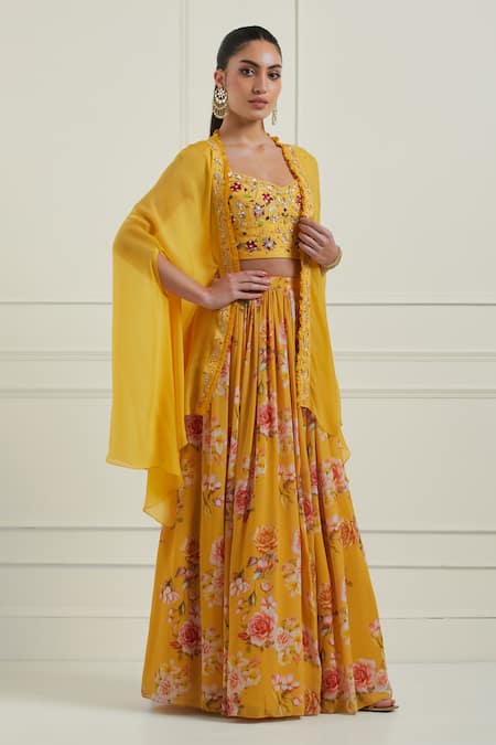 Buy_Label Nitisha_Yellow Georgette, Silk Sequins, Pearls Floral Print Lehenga Set With Cape _Online_at_Aza_Fashions