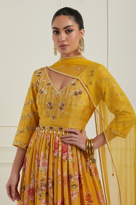 Shop_Label Nitisha_Yellow Georgette, Net, Silk Embroidery, Floral Print Anarkali With Dupatta _Online_at_Aza_Fashions