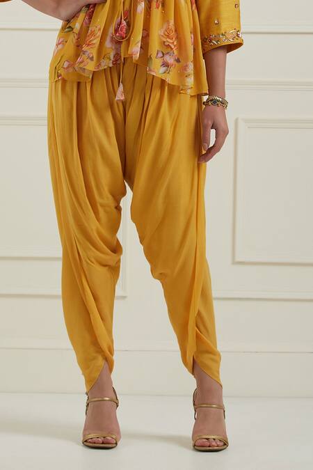 Label Nitisha_Yellow Georgette, Chanderi Cotton Floral Print Peplum Jacket And Dhoti Pant Set _at_Aza_Fashions