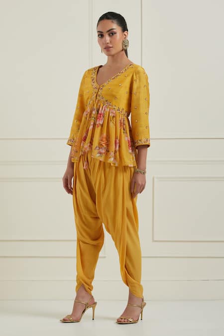 Label Nitisha_Yellow Georgette, Chanderi Cotton Floral Print Peplum Jacket And Dhoti Pant Set _Online_at_Aza_Fashions